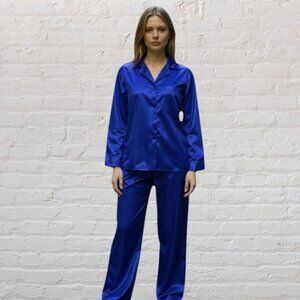 VINTAGE GO SOFTLY -- Two-Piece Pajama Set, Royal Blue, Satiny Feel, Long Sleeves